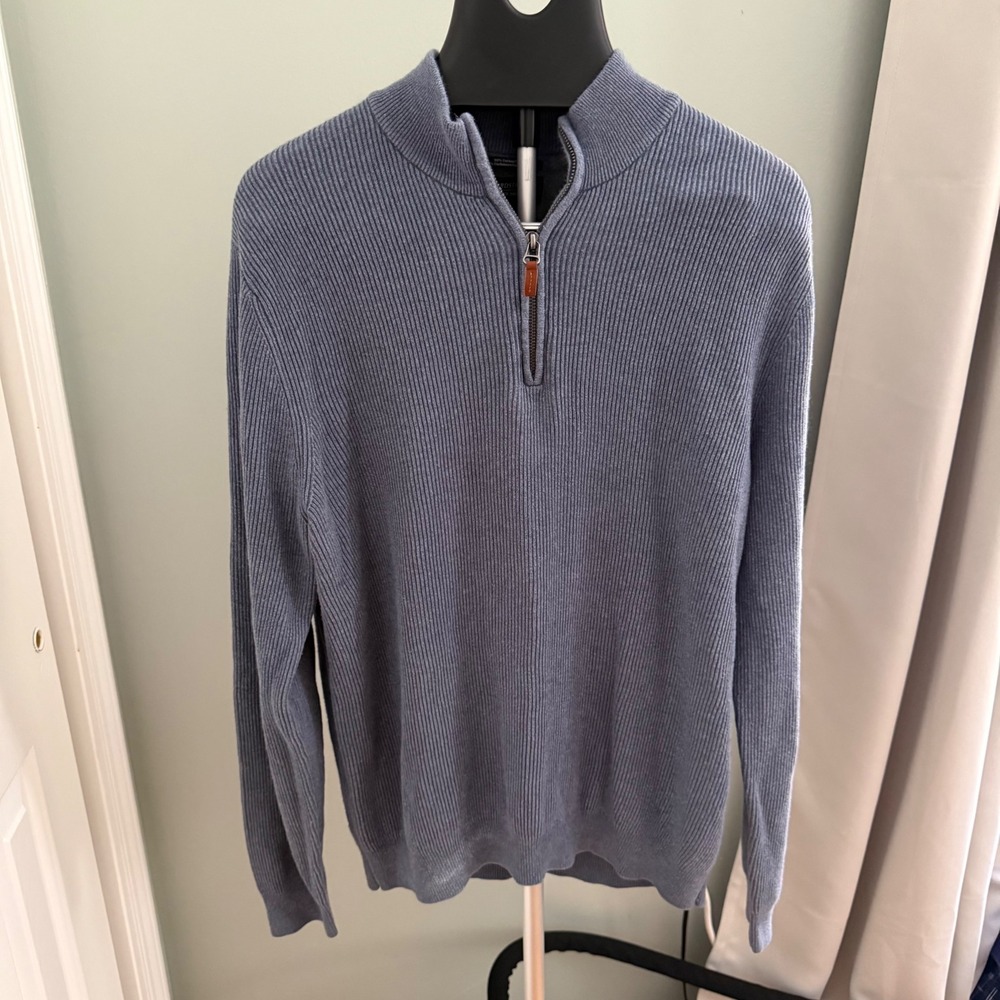 Nordstrom Men's Shop XL Cotton Cashmere Quarter Zip Rib Knit Sweater Blue